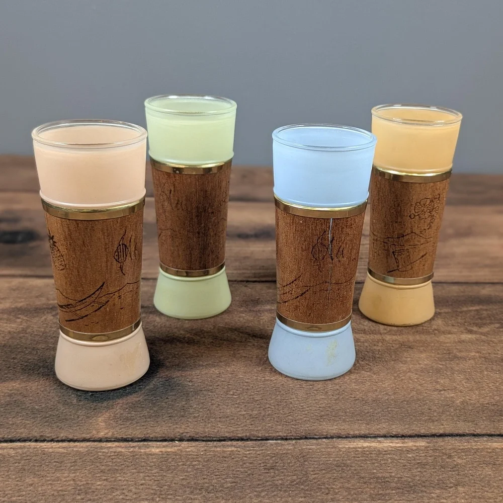 MCM Siesta Ware Drinking Glasses Set Of Four Frosted Glass Wood Accent Gold Trim